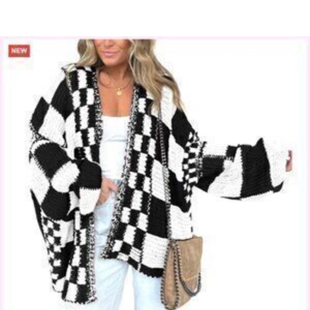 Open Front Chunky Knit Cardigan Sweater, Loose Fit, Ribbed, Checkered Pattern